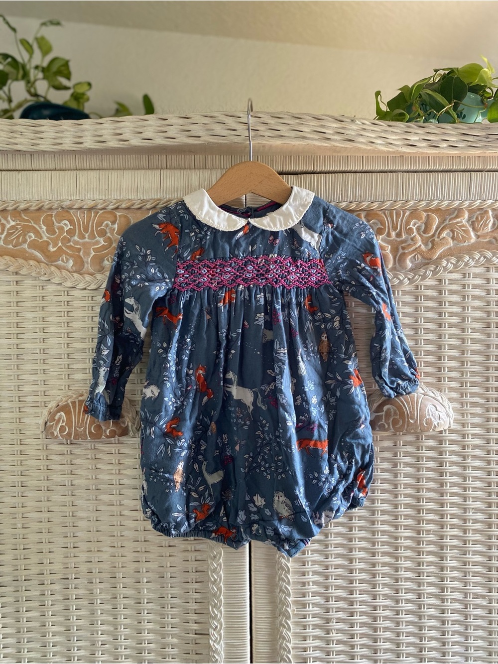 Baby Boden Navy Woodland Smocked Long Sleeve Bubble Romper with White Collar